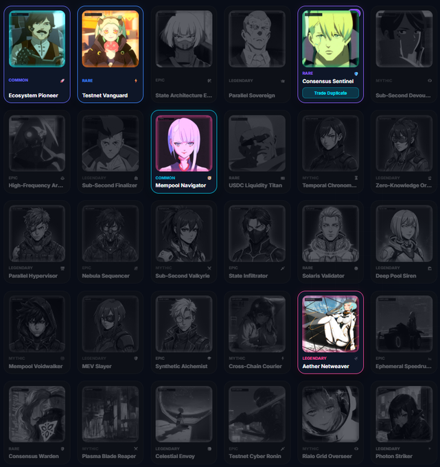 A character selection or card collection screen displaying multiple anime-style characters categorized by rarity tiers (Common, Rare, Epic, Legendary, Mythic) with titles like 'Ecosystem Pioneer', 'Testnet Vanguard', 'Aether Netweaver', and 'Parallel Sovereign'.