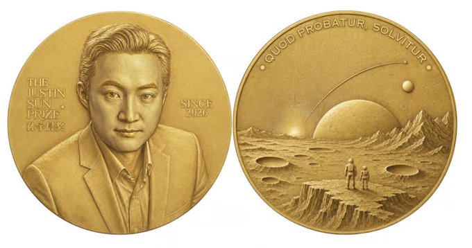 The image shows both sides of a gold medal for "The Justin Sun Prize" (since 2020), featuring a portrait of Justin Sun on the obverse and an illustration of two astronauts on an alien planet with the Latin inscription "QUOD PROBATOR, SOLVITUR" (roughly "what is proven is solved") on the reverse, reinforcing the post's message that true mathematical solutions require formal machine-verified proof.
