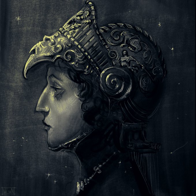 A stylized portrait depicts a figure in profile wearing an ornate, dark headdress with gold accents and a small sculpted figure on the side, rendered in a moody, textured style.