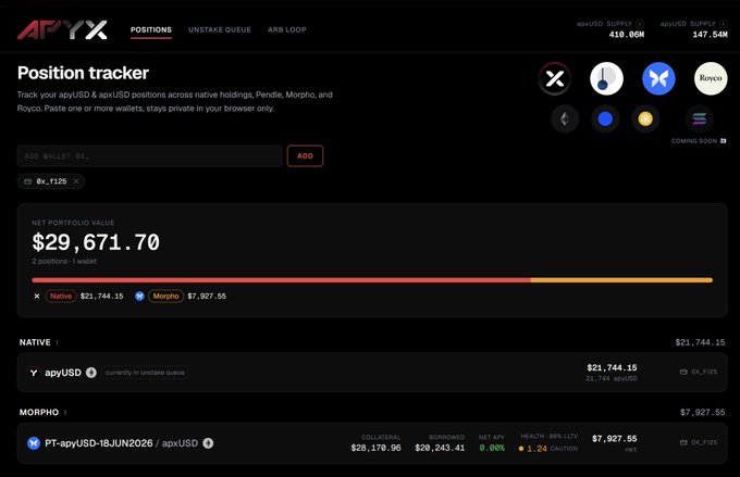 The image shows a screenshot of a web page displaying information about a Position Tracker app. The app is designed to track positions across various markets like Native, Pendle, Morpho, and BNB protocols, as well as asset classes such as Base and BNB. This position tracking feature can be especially useful for users who frequently trade in different markets or asset classes and want to consolidate their data into a single dashboard. The image focuses on the app's interface, which includes columns, labels, and numbers that provide information about the user's portfolio positions and their corresponding prices.
