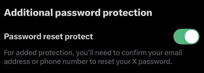 A screenshot of X's "Additional password protection" settings menu shows the "Password reset protect" toggle switched on, with text explaining that it requires confirming an email address or phone number to reset your X password—illustrating the recommended security measure amid reports of a leaked X email database.