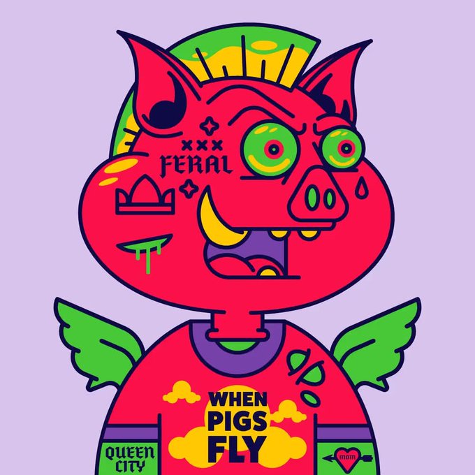 A vibrant cartoon illustration of a red pig with green wings and tattoos, including the word 'FERAL' on its cheek, wearing a shirt that reads 'WHEN PIGS FLY' along with 'QUEEN CITY' and 'mom' labels.