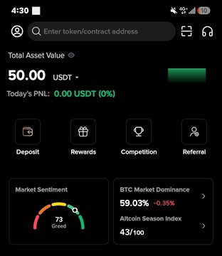 A mobile crypto trading dashboard showing a Total Asset Value of 50.00 USDT with 0.00 USDT (0%) daily PNL, featuring Market Sentiment at 73 (Greed), BTC Market Dominance at 59.03%, and Altcoin Season Index at 43/100.