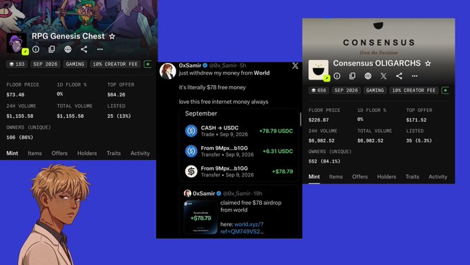 The image displays screenshots of three NFT collections—"RPG Genesis Chest," "Consensus OLIGARCHS," and mentions of "World"—alongside a Twitter post by @0xSamir showing $78 free money claims, illustrating the post's point that NFT and Web3 opportunities were abundant, with users claiming cash rewards like $78.79 USDC and earning $1,155.68 in trading volume on these digital assets.