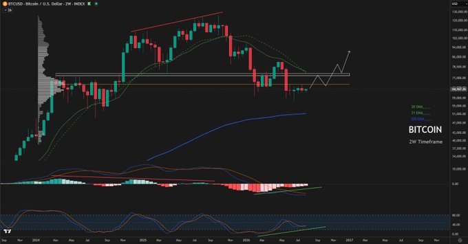 A Bitcoin (BTC/USD) chart on TradingView's 2-week timeframe shows price action dropping from above $100K toward the $67K support level (highlighted in white), with technical indicators including MACD and RSI visible below. The chart visually supports the post's analysis by illustrating the downtrend from late 2024 highs, the compression around the key $67K support zone, and the anticipated bounce higher (shown by the upward arrow) that represents the "pain trade" of being short into a rally.