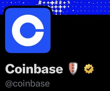 A dark-themed profile/header image for Coinbase (@coinbase) featuring the blue Coinbase logo and a blue patterned top border.