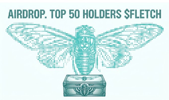 A pixel-art style graphic reading 'AIRDROP. TOP 50 HOLDERS $FLETCH' featuring a teal tribal mask with wing-like designs above a decorative treasure chest.
