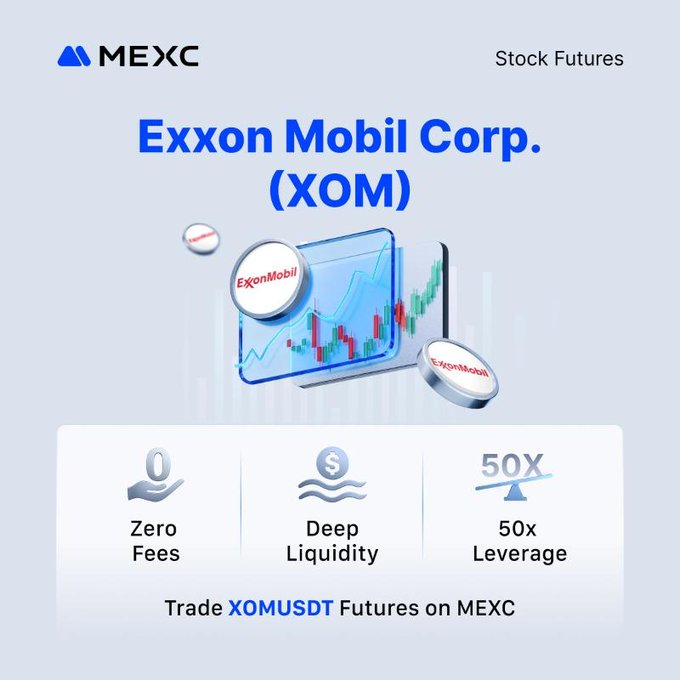 A MEXC promotional graphic for Exxon Mobil Corp. (XOM) Stock Futures trading, featuring zero fees, deep liquidity, and 50x leverage to trade XOMUSDT.