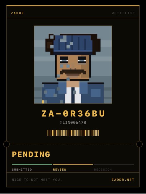 A pixel-art character NFT card labeled "ZADDR WHITELIST" with ID "ZA-0R36BU" by "@LIN006478," marked as "PENDING" with a "NICE TO NOT MEET YOU." caption and "ZADDR.NET" branding.