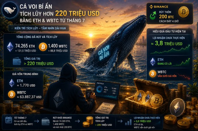 A Vietnamese infographic about cryptocurrency whales, mentioning 'CÁ VOI BÍ ẨN', 'TÍCH LŨY HƠN 220 TRIỆU USD BẰNG ETH & WBTC', and featuring Binance branding.