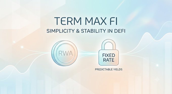 A promotional graphic for 'TERM MAX FI' with the tagline 'SIMPLICITY & STABILITY IN DEFI', featuring a coin labeled 'RWA' and a padlock icon labeled 'FIXED RATE' and 'PREDICTABLE YIELDS'.