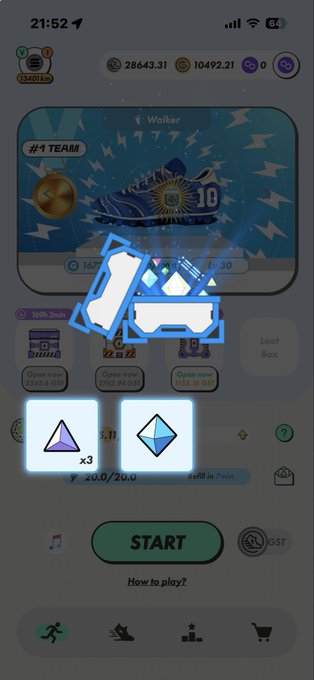 Mobile game screenshot showing a sneaker-themed interface with a blue shoe labeled 'Walker #1 TEAM!!', various shop options, and a prominent 'START' button at the bottom.