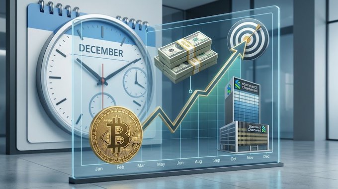 A digital illustration showing a calendar displaying December, a Bitcoin coin, stacks of cash, an upward trending line graph, and the Standard Chartered building, symbolizing Bitcoin's projected yearly performance and December closing price predictions.