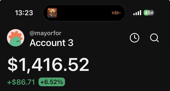 The image shows a mobile banking or crypto portfolio screen for "@mayorfor" Account 3 displaying a balance of $1,416.52 with a daily gain of +$86.71 (+6.52%). The image serves as proof of funds, visually supporting the post's claim of being able to "bless 10 random people" with SOL giveaways.