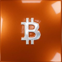 A glossy, orange, square tile featuring a silver Bitcoin (₿) symbol in the center.