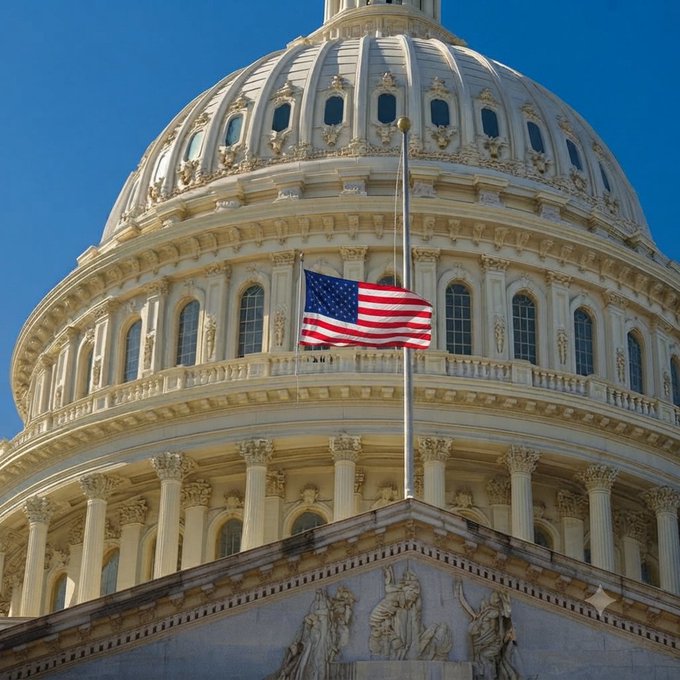 The United States Capitol dome is shown with the American flag at half-mast against a clear blue sky, reflecting the ongoing congressional proceedings referenced in the news about Senate Democrats' counteroffer on the crypto bill ahead of the procedural vote.