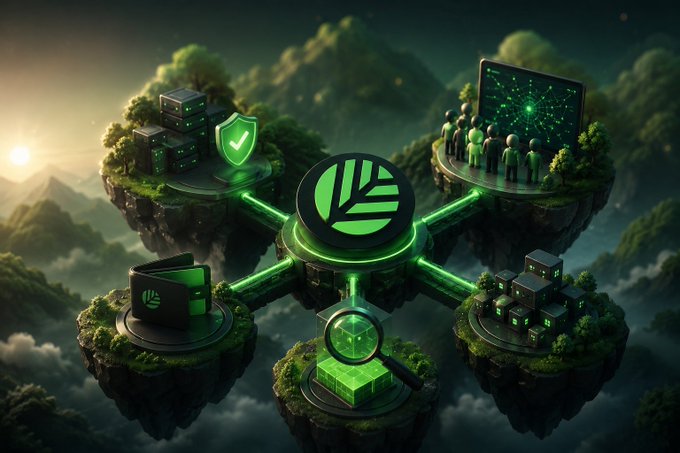 A futuristic 3D render displays floating islands connected by glowing green energy beams, featuring tech elements like servers, a shield, people, and a central leaf logo representing a decentralized network.
