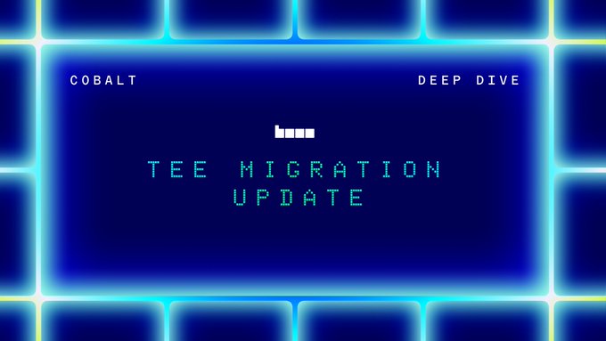 A neon-bordered "COBALT DEEP DIVE" graphic with a pixelated logo and the text "TEE MIGRATION UPDATE" displayed on a dark blue background. The image visually announces Cobalt's latest update regarding TEE (Trusted Execution Environment) migration for Base's provers.