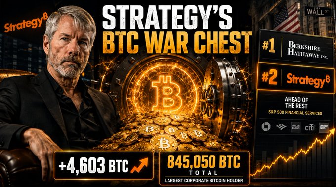 A YouTube thumbnail titled 'STRATEGY'S BTC WAR CHEST' featuring Michael Saylor, highlighting +4,603 BTC bringing the total to 845,050 BTC as the largest corporate Bitcoin holder, with a ranking chart showing Berkshire Hathaway at #1 and Strategy at #2.