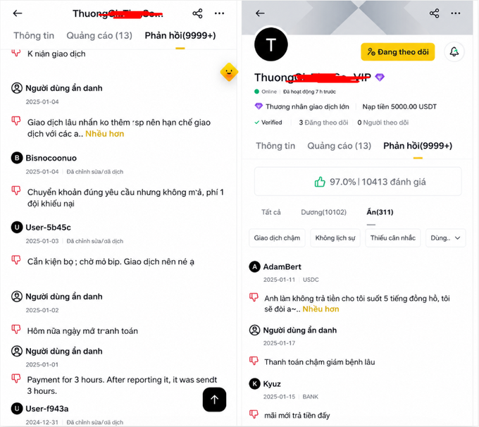 Two screenshots of a Binance profile showing negative reviews (9999+) in Vietnamese, with complaints like 'Giao dịch lâu nhận không thấm' (long transaction times) and a 97.0% positive rating from 10,413 users.