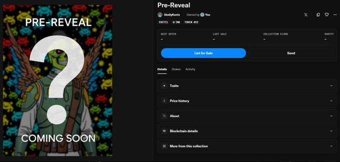 A pre-reveal NFT listing from the collection "ERC721 - TIMOR #52" by SkellyKuntz on OpenSea, displaying a "Coming Soon" placeholder image with a large question mark over a masked character against a colorful pattern background, while a tweet announces the user has just minted an NFT from the project based on their appreciation for the artwork.