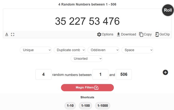 A random number generator displays "4 Random Numbers between 1 - 506" with the results "35 227 53 476" and a "Roll" button.