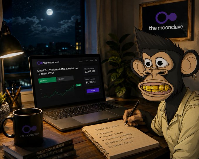 A promotional image for 'the moonclave' prediction markets platform, featuring an illustrated ape character in a beige shirt writing plans in a notebook beside a laptop displaying 'MegaETH - Will it reach $10B in market cap by end of 2025?'.