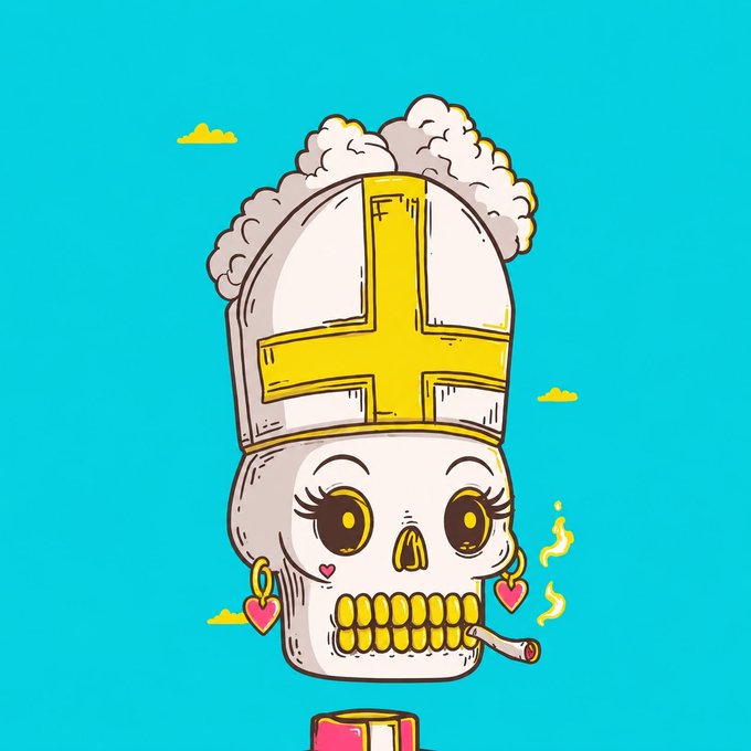 A cartoon illustration of a skull wearing a bishop's mitre with a yellow cross, featuring heart earrings and a cigarette in its mouth against a teal background.