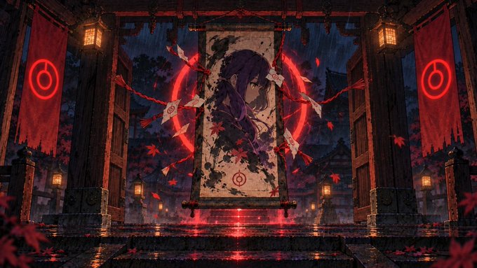 An anime-style scene featuring a scroll with a purple-haired character artwork hanging in a shrine-like setting, surrounded by red banners with circular symbols, floating red leaves, and a glowing red ring in the background.