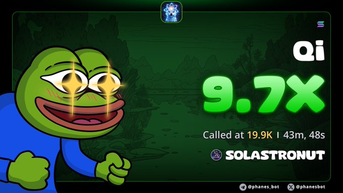 A green Pepe the Frog meme with starry gold eyes appears next to text displaying 'Qi 9.7x Called at 19.9K | 43m, 48s' with the 'SOLASTRONUT' logo and social media handles.