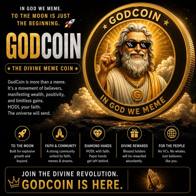 A promotional graphic for "$GODCOIN" featuring a bearded deity wearing pixelated sunglasses on a gold coin with the text "IN GOD WE MEME" and "TO THE MOON IS JUST THE BEGINNING," alongside feature icons highlighting community, diamond hands, and divine rewards. The image visually reinforces the post's launch announcement by depicting the meme coin's branding, tagline, and community-driven ethos through its deity imagery and bullish crypto messaging.