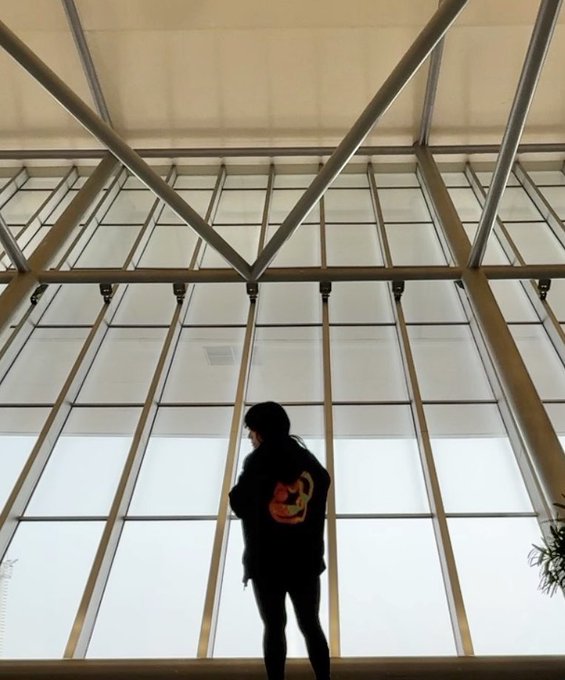 A silhouetted figure wearing a dark jacket with a red and yellow logo stands looking out at a massive geometric glass window with a triangular metal ceiling structure.