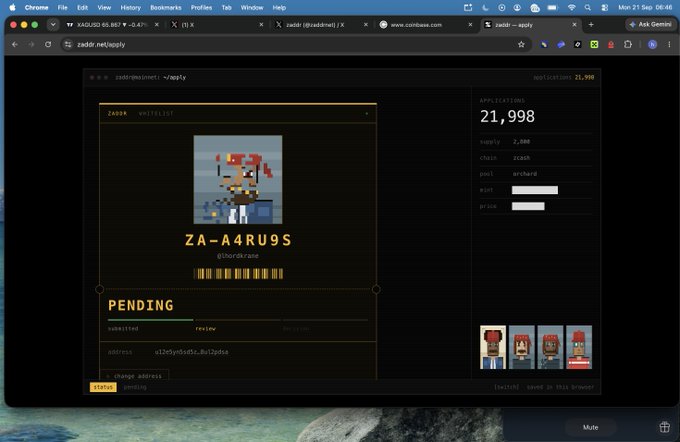 A ZADIR.net application interface showing a pixel art character with 'ZA-A4RU9S' username (@lordkrang) in PENDING status with 21,998 supply and 2,888 chain count visible on the right panel.