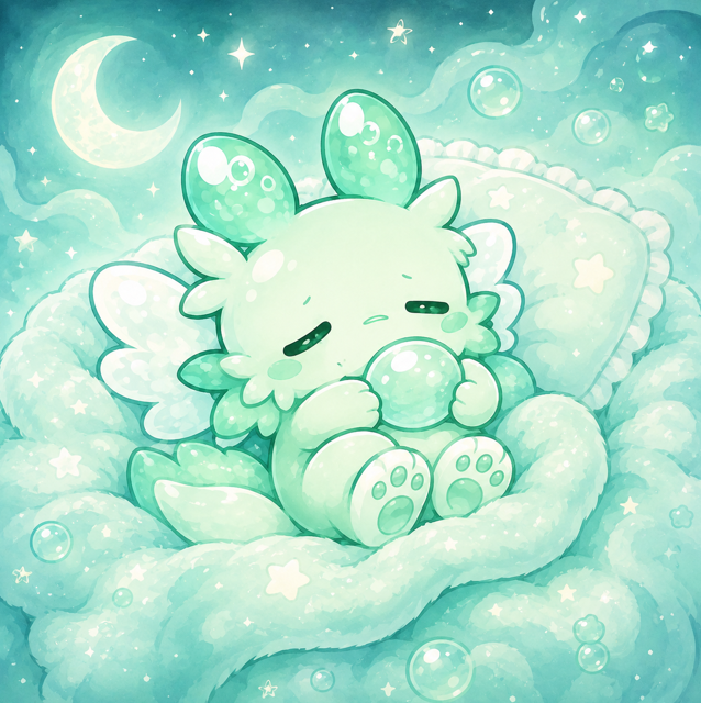 A kawaii-style digital illustration of a cute mint-green bunny-like creature with bunny ears and wings sleeping peacefully on a cloud with a pillow, surrounded by stars and a crescent moon in a pastel teal night sky.
