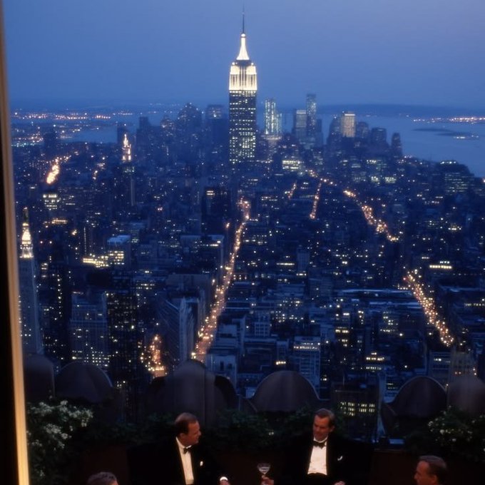 A nighttime cityscape of New York featuring the Empire State Building lit up, with two men in tuxedos holding drinks in the foreground.