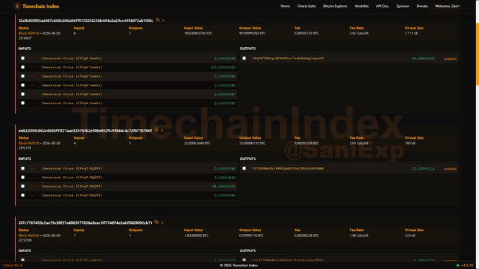 The Timechain Index website displays multiple Bitcoin transaction records showing block numbers, confirmation counts, and detailed input/output values in BTC.