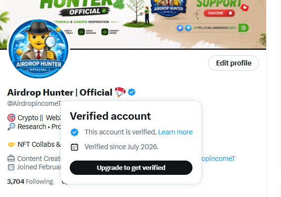 A Twitter/X profile screenshot of 'Airdrop Hunter | Official' (@AirdropIncomeT) showing a 'Verified account' badge with the note 'Verified since July 2026'.
