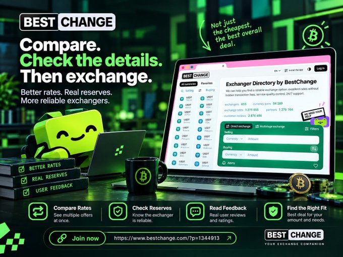 A promotional advertisement for BestChange cryptocurrency exchange, displaying the tagline 'Compare. Check the details. Then eexchange.' along with features like Better Rates, Real Reserves, and User Feedback, featuring a smiling green mascot and a screenshot of their exchanger directory.
