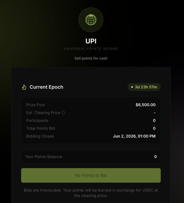 The image shows a screen of a desktop that features information about Universal Points Income (UPI) from a web application called Hyper Liquid. There are two main parts to this screen - a main section filled with text, including details about trading and earning points in the currency, as well as an options button at the bottom right corner offering trading for trading closes in exchange for USDC.