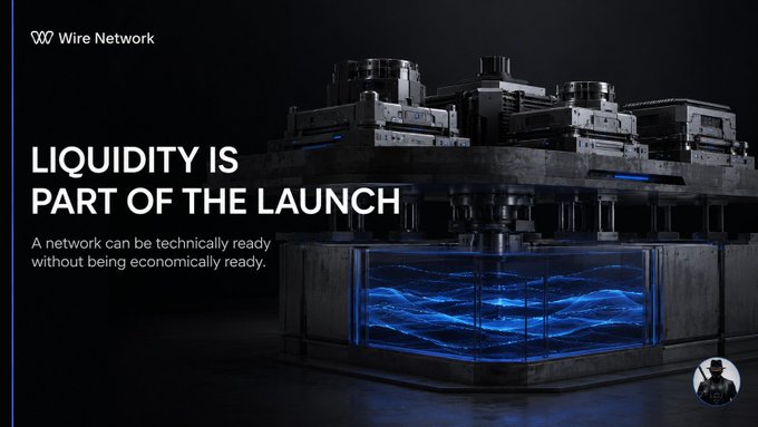 A promotional graphic for Wire Network with the headline 'LIQUIDITY IS PART OF THE LAUNCH' and tagline 'A network can be technically ready without being economically ready,' featuring industrial machinery surrounding a glowing blue tank.