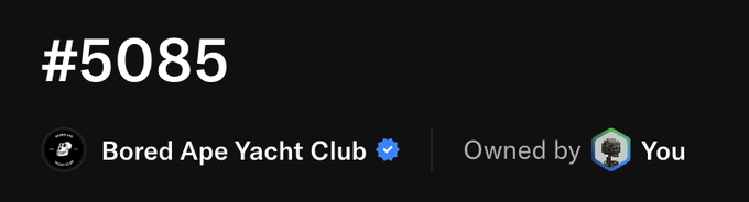 A screenshot from an NFT marketplace displays item #5085 from the Bored Ape Yacht Club collection, marked as 'Owned by You' with a verified checkmark.