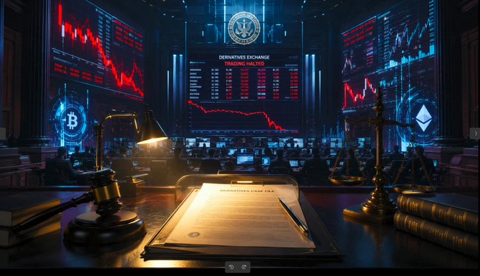 A dramatic trading room scene with a large screen displaying 'DERIVATIVES EXCHANGE TRADING HALTED' and a plummeting red stock chart, featuring Bitcoin and Ethereum logos alongside a gavel, legal documents, and 'DERIVATIVES CASE FILE' folder.