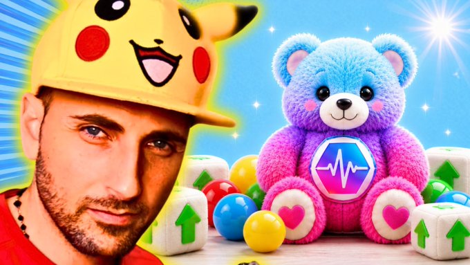 A composite image shows a man wearing a Pikachu hat next to a colorful Care Bear plush toy and block icons with arrows.