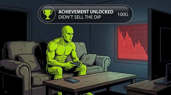 A green-skinned, muscular figure sits stoically on a couch in a dimly lit room, calmly holding a controller while a red chart on the screen behind him shows a steep downward crash, earning the achievement "DIDN'T SELL THE DIP" for 100G, embodying the post's call for conviction and unshaken resolve amid the market downturn for $IF and $HOOD investors.