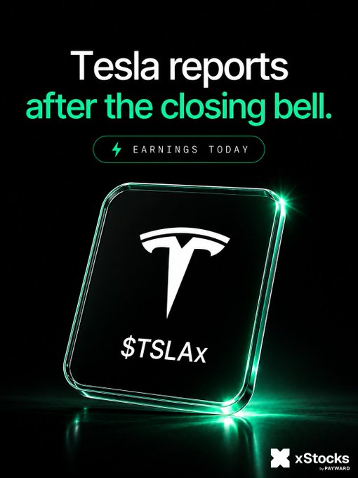 Promotional graphic announcing 'Tesla reports after the closing bell' with 'EARNINGS TODAY' button, featuring a stylized Tesla logo card labeled '$TSLAx' with green neon glow effects, branded with the xStocks by Payward logo.