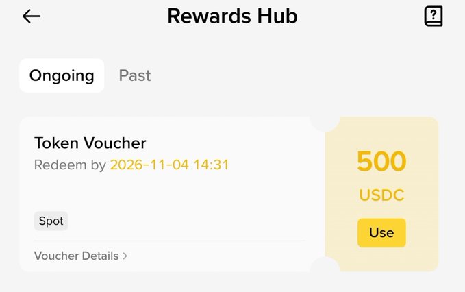 A Binance “Rewards Hub” screenshot shows an ongoing 500 USDC Spot Token Voucher, redeemable by 2026-11-04 14:31, with a “Use” button. It illustrates the unexpected 500 USDC reward mentioned in the accompanying post, possibly earned through a Dual Star event.