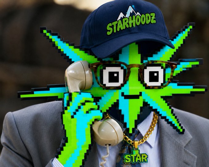 A man in a suit and 'STARHOODZ' baseball cap holds a vintage telephone receiver, with pixel-art green star graphics and pixelated glasses overlaying his face.