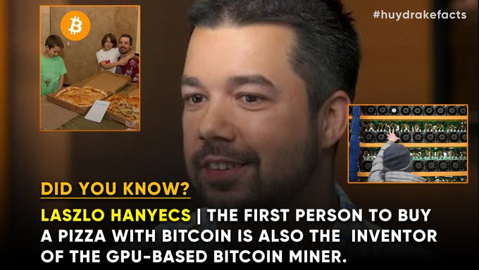 An informational graphic about Laszlo Hanyecs, the first person to buy pizza with Bitcoin, noting he is also the inventor of the GPU-based Bitcoin miner, with images of pizza and a mining rig.