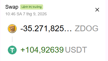 A crypto swap transaction showing an exchange of -35,271,825 ZDOG for +104.92639 USDT, marked as a "Lệnh thị trường" (market order) at 10:46 SA on September 7, 2026.