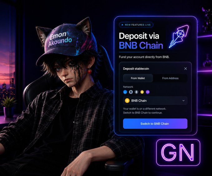 An anime-style character wearing a cap reading "Emon Akoundo" sits beside a digital interface advertising "Deposit via BNB Chain" with a glowing pink "GN" sign below.